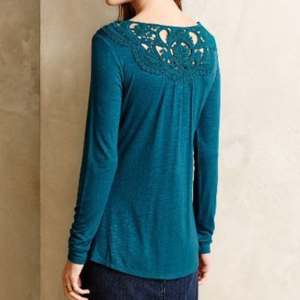 ANTHROPOLOGIE Bobbinlace Tee Knit Top Teal Crochet Lace Front Petite - Picture 2 of 6
